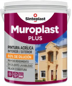 Murolast Plus pintura acrílica para exteriores e interiores, 60% de dilución, excelente adherencia y cobertura, ideal para renovar y proteger fachadas y paredes.